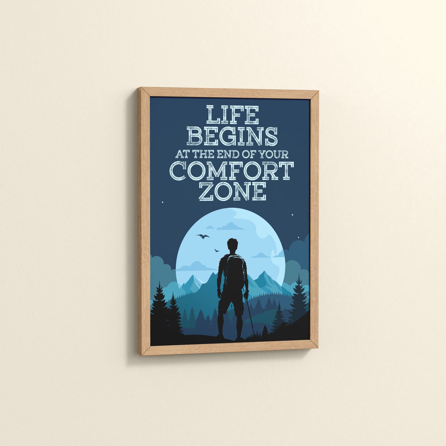 Side View of Life begins at the end of comfort zone Motivational Wall Art in Natrual Color Frame