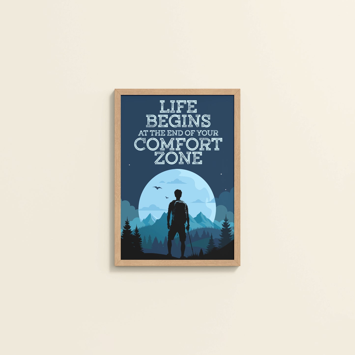 Wall View of Life begins at the end of comfort zone Motivational Wall Art in Natrual Color Frame