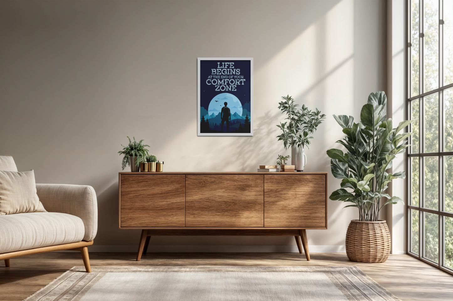 Living Room Cabinet Preview of Life begins at the end of comfort zone Motivational Wall Art in White Color Frame