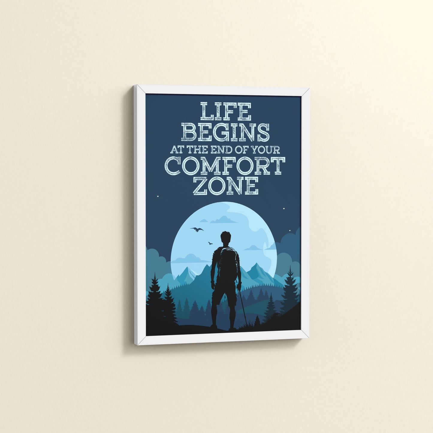 Side View of Life begins at the end of comfort zone Motivational Wall Art in White Color Frame