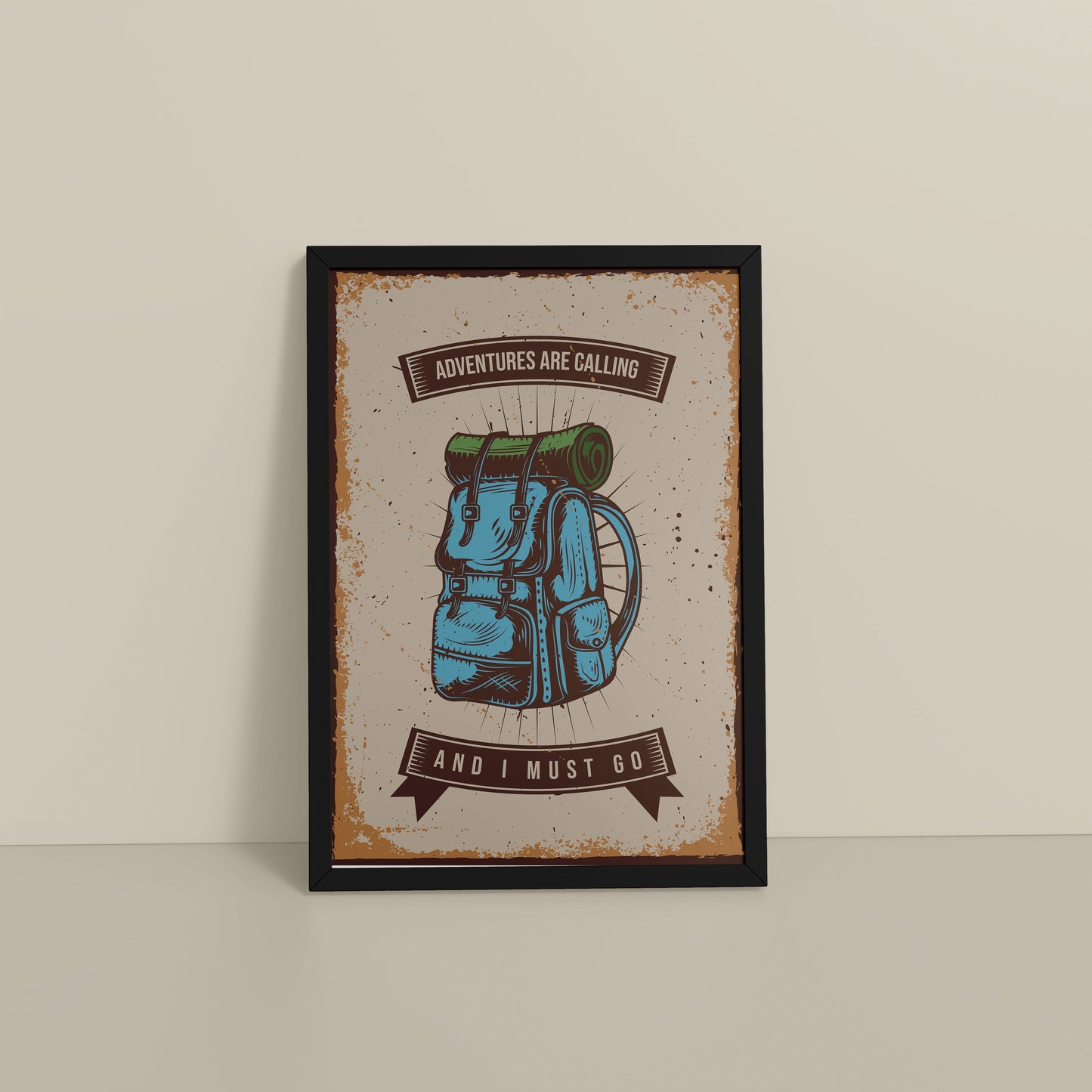 Floor View of Adventures Are Calling – Travel Wall Art Frame in Black Color Frame