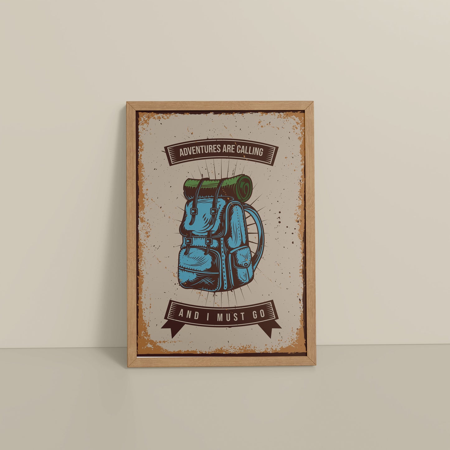 Floor View of Adventures Are Calling – Travel Wall Art Frame in Natrual Color Frame