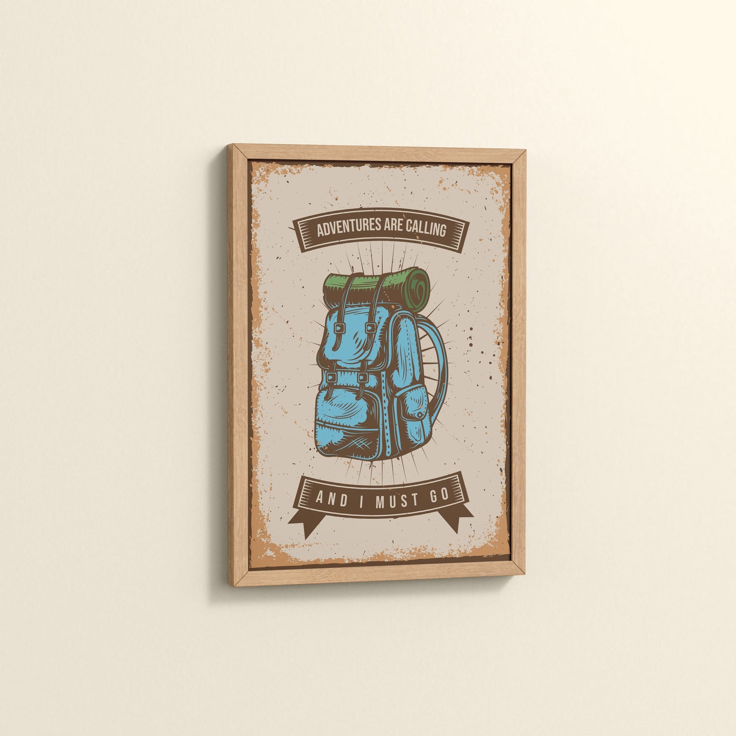 Side View of Adventures Are Calling – Travel Wall Art Frame in Natrual Color Frame