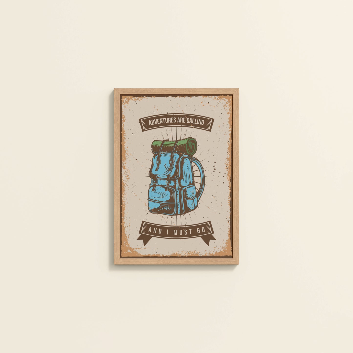Wall View of Adventures Are Calling – Travel Wall Art Frame in Natrual Color Frame