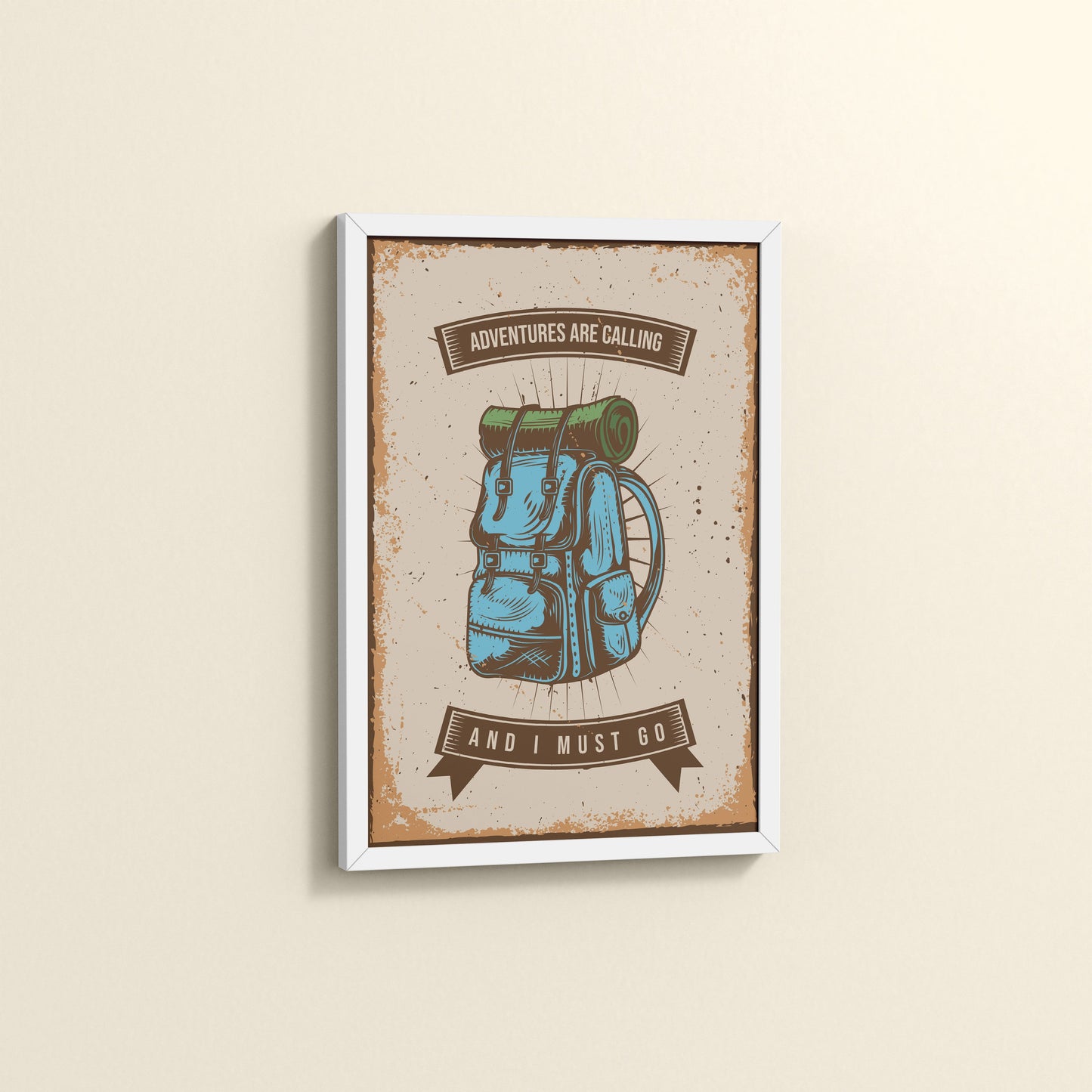 Side View of Adventures Are Calling – Travel Wall Art Frame in White Color Frame
