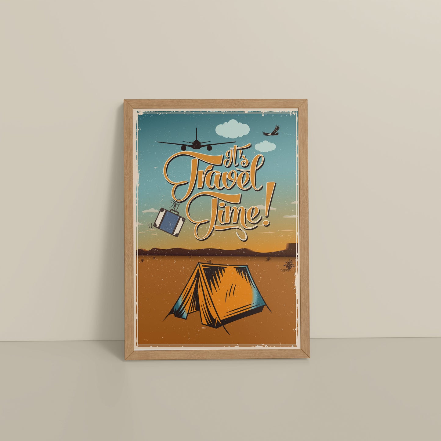 Floor View of It’s Travel Time – Motivational Wall Art Frame in Natrual Color Frame