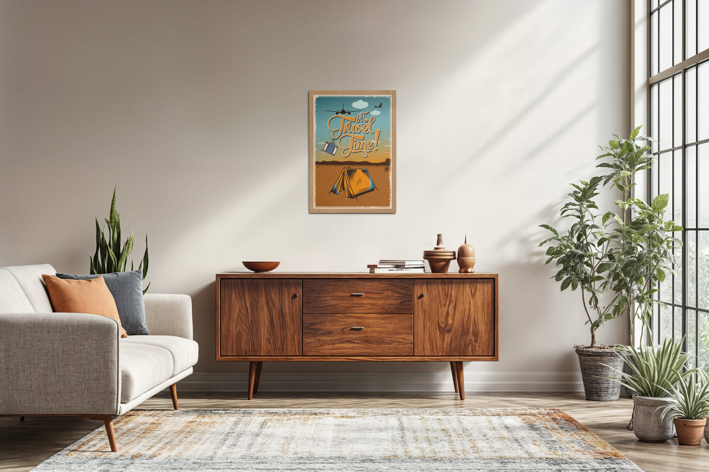 Living Room Sofa Preview of It’s Travel Time – Motivational Wall Art Frame in Natrual Color Frame