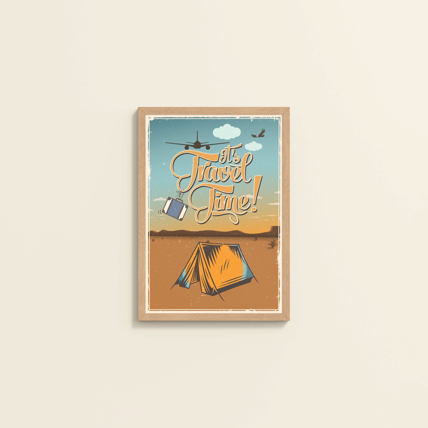 Wall View of It’s Travel Time – Motivational Wall Art Frame in Natrual Color Frame