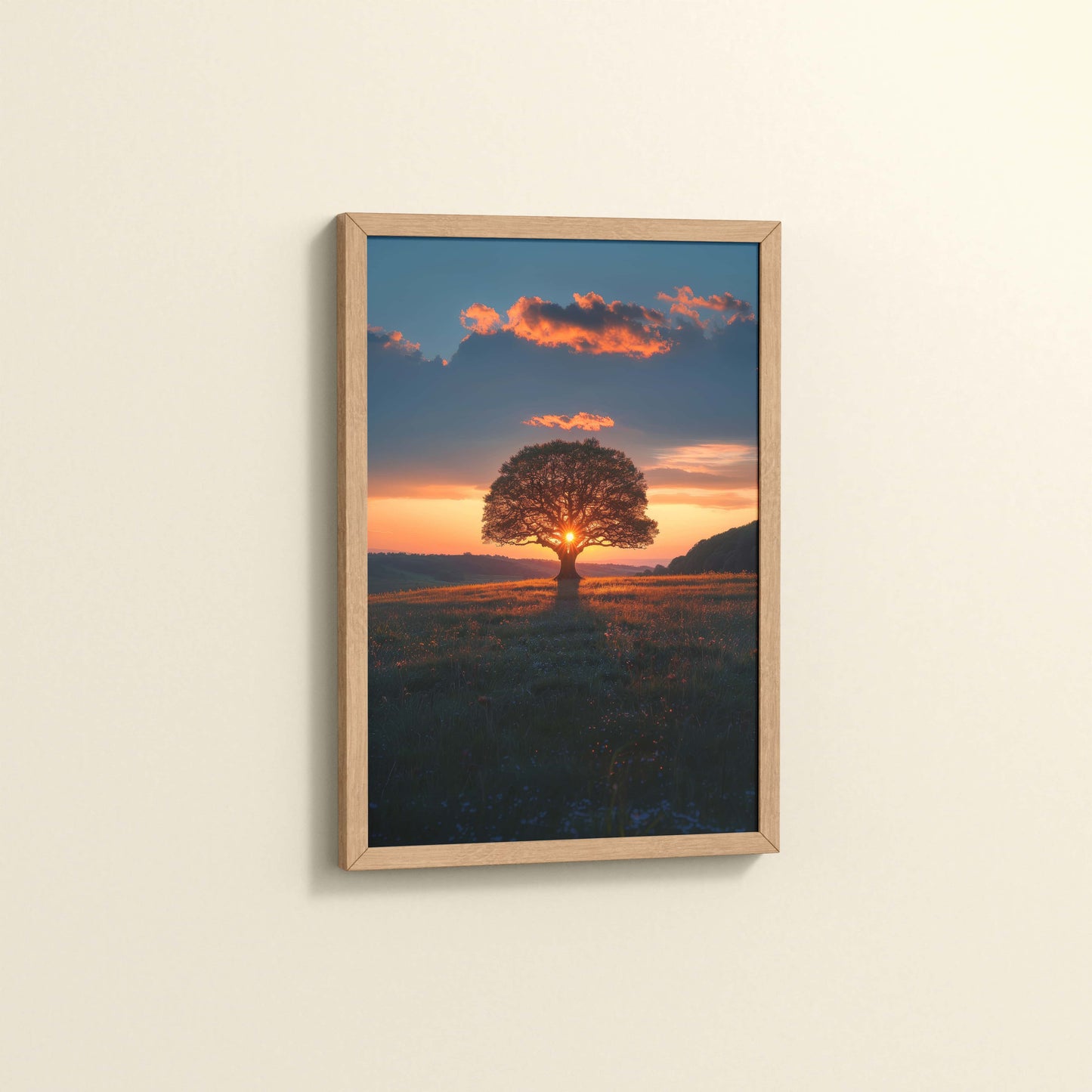 Side View of Evening Glow – Tree at Sunset Nature Wall Art in Natrual Color Frame