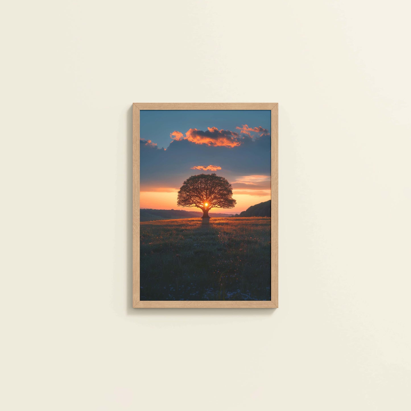 Wall View of Evening Glow – Tree at Sunset Nature Wall Art in Natrual Color Frame