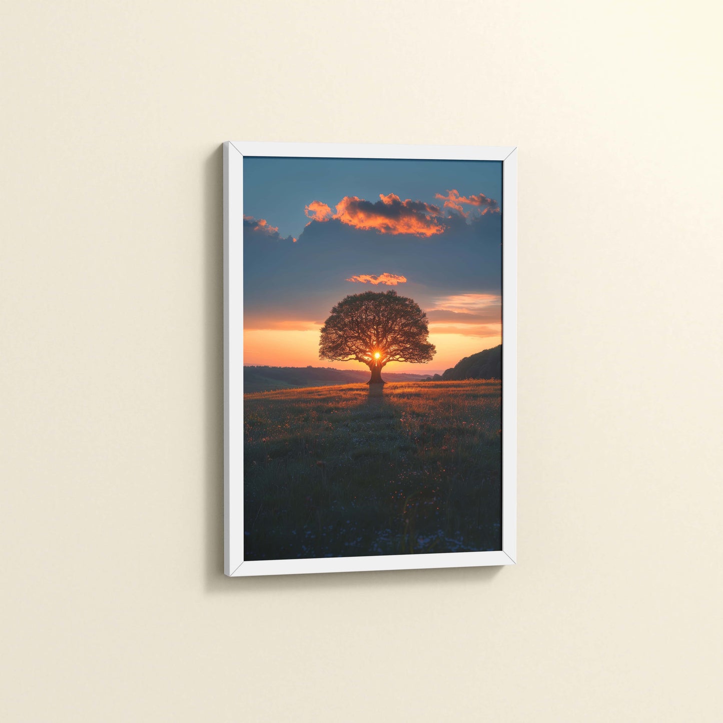 Side View of Evening Glow – Tree at Sunset Nature Wall Art in White Color Frame