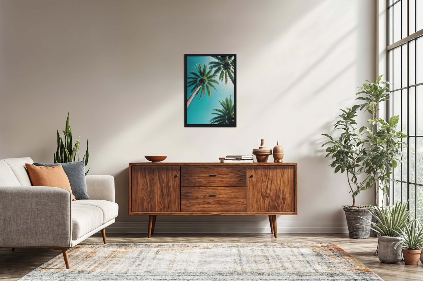 Living Room Sofa Preview of Tropical Calm – Palm Trees Wall Art & Photo Frame in Black Color Frame