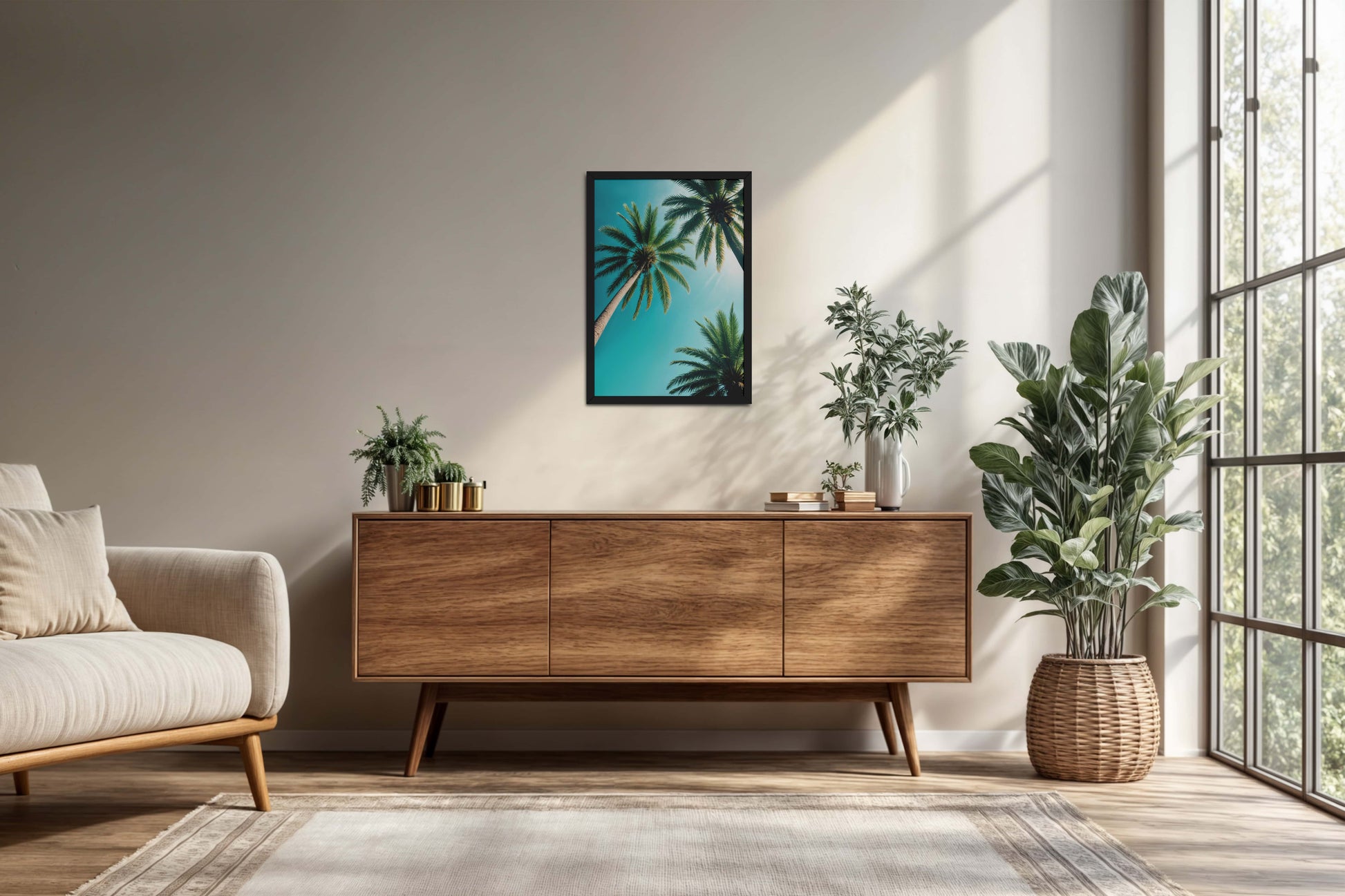 Living Room Cabinet Preview of Tropical Calm – Palm Trees Wall Art & Photo Frame in Black Color Frame