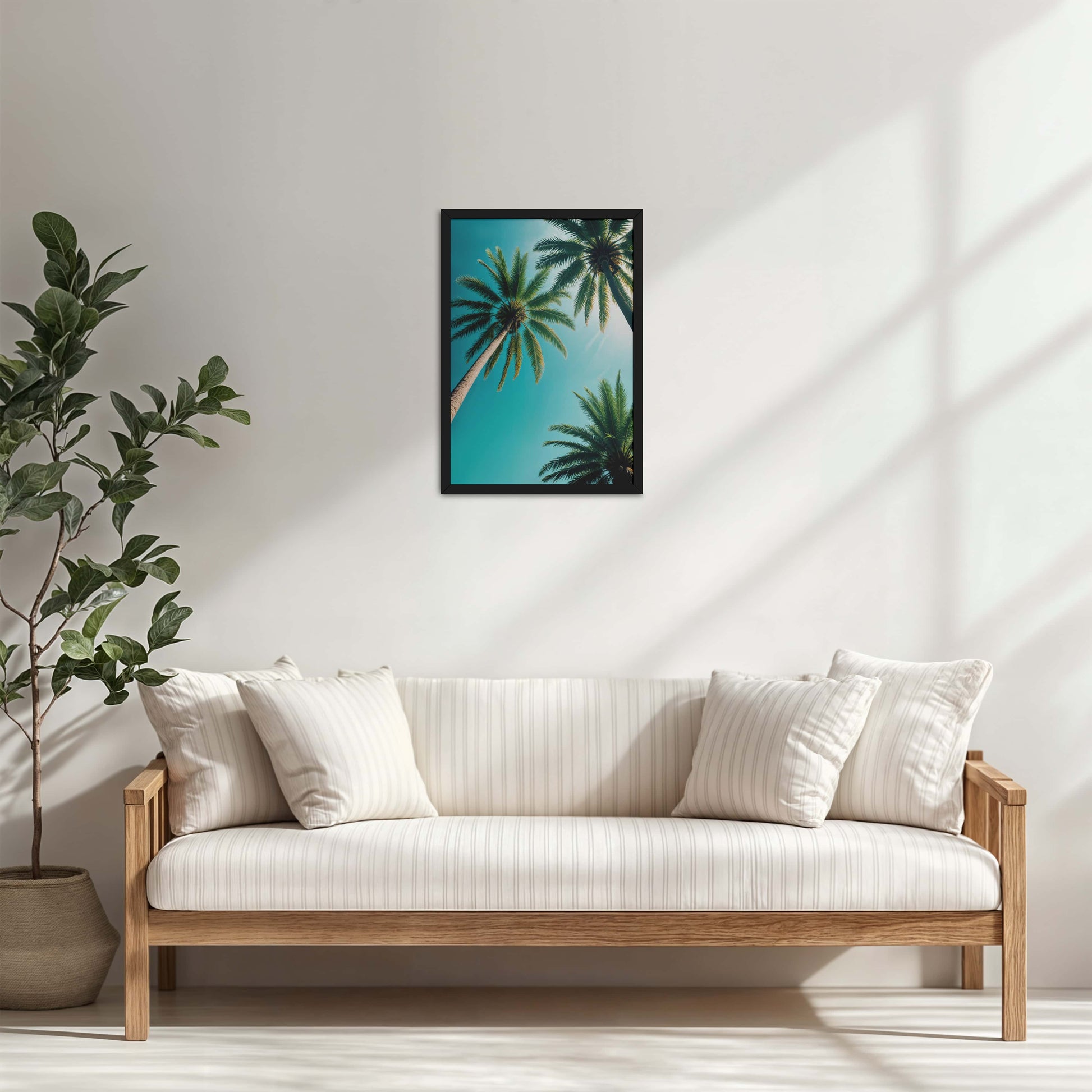 Living Room Cabinet Table Preview of Tropical Calm – Palm Trees Wall Art & Photo Frame in Black Color Frame