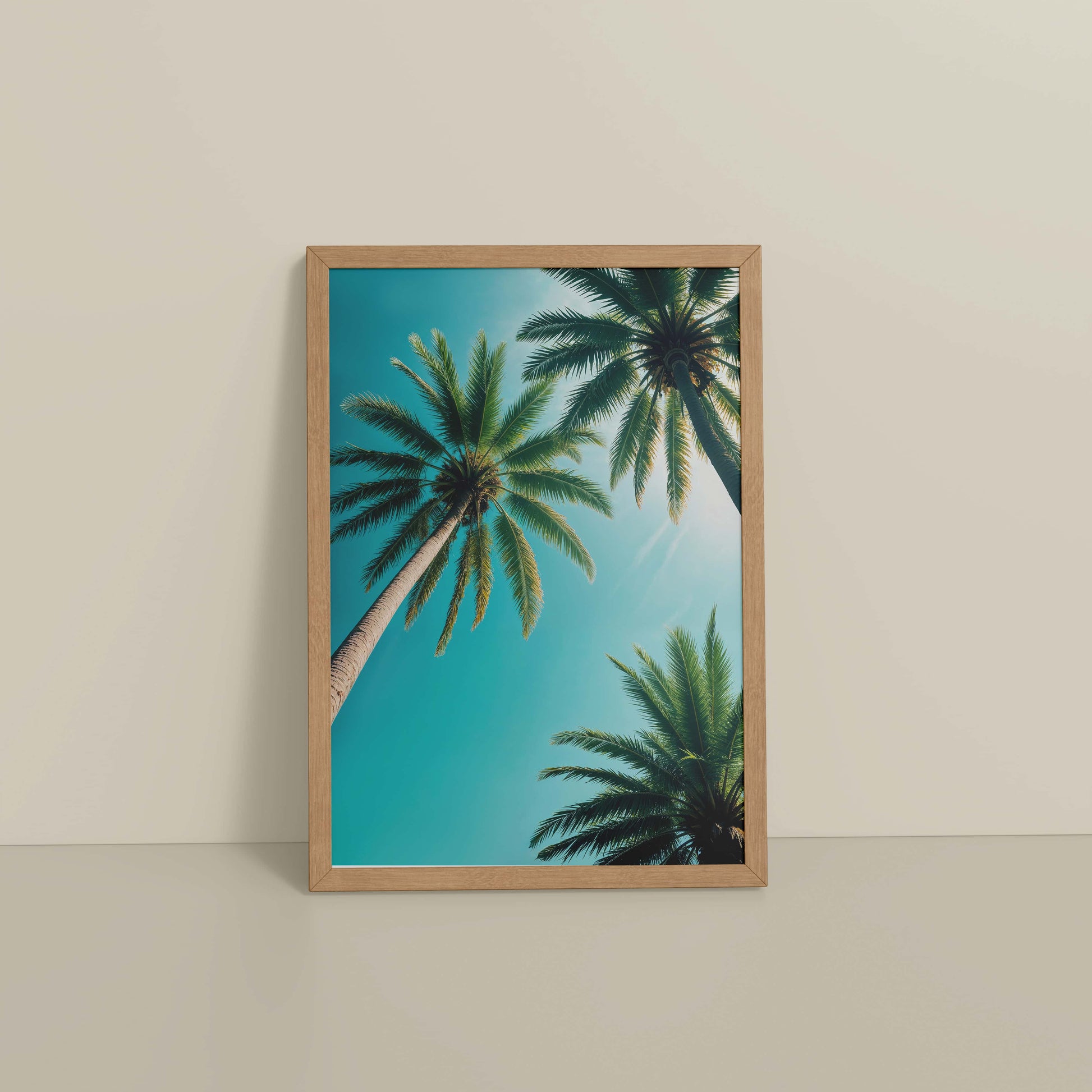 Floor View of Tropical Calm – Palm Trees Wall Art & Photo Frame in Natrual Color Frame