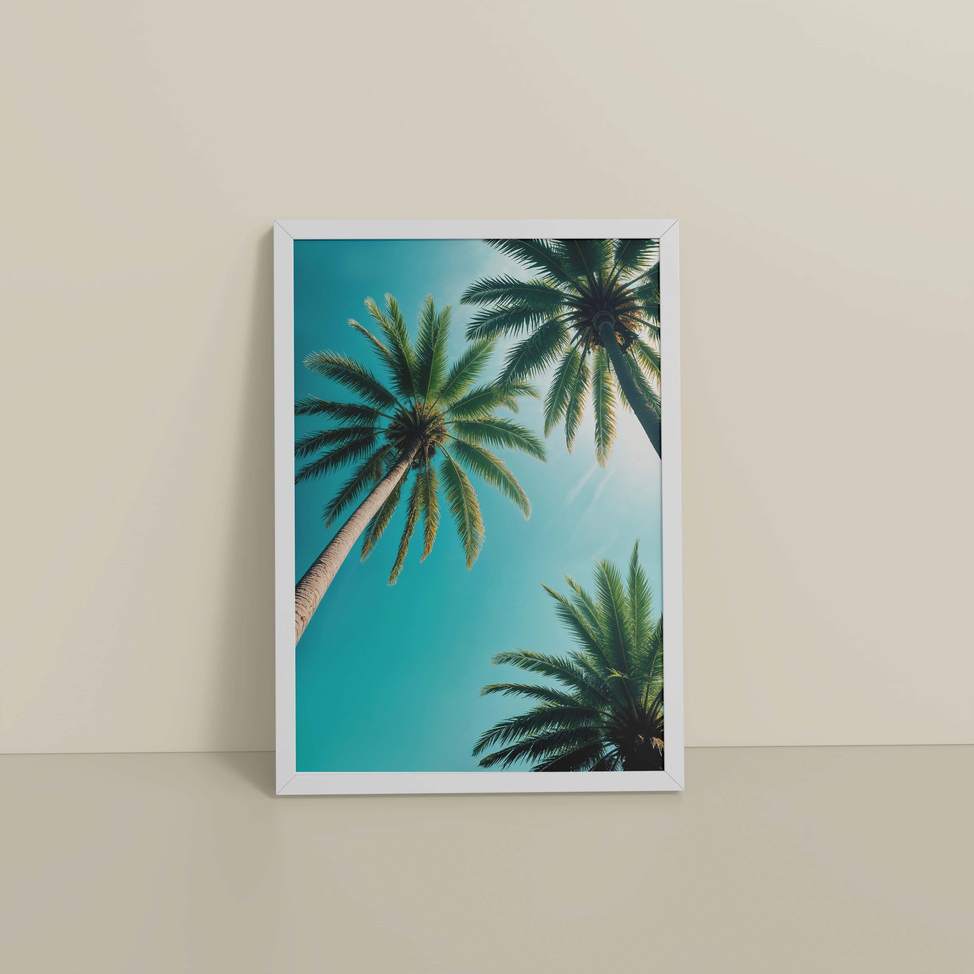 Floor View of Tropical Calm – Palm Trees Wall Art & Photo Frame in White Color Frame