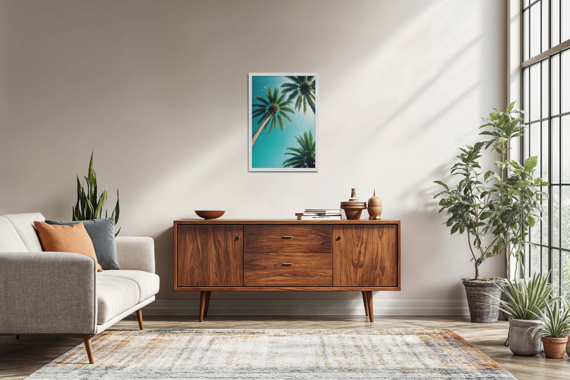 Living Room Sofa Preview of Tropical Calm – Palm Trees Wall Art & Photo Frame in White Color Frame