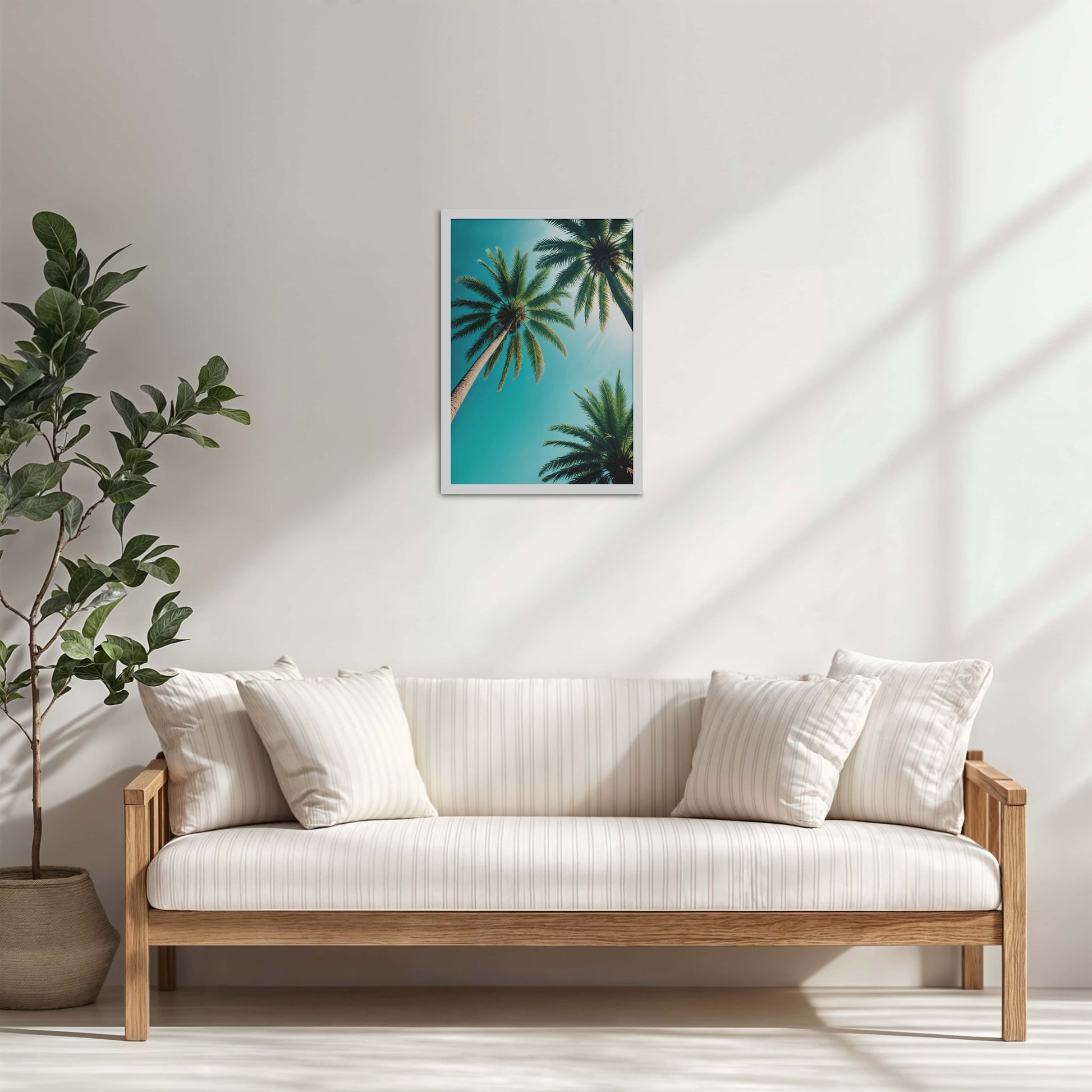 Living Room Cabinet Table Preview of Tropical Calm – Palm Trees Wall Art & Photo Frame in White Color Frame