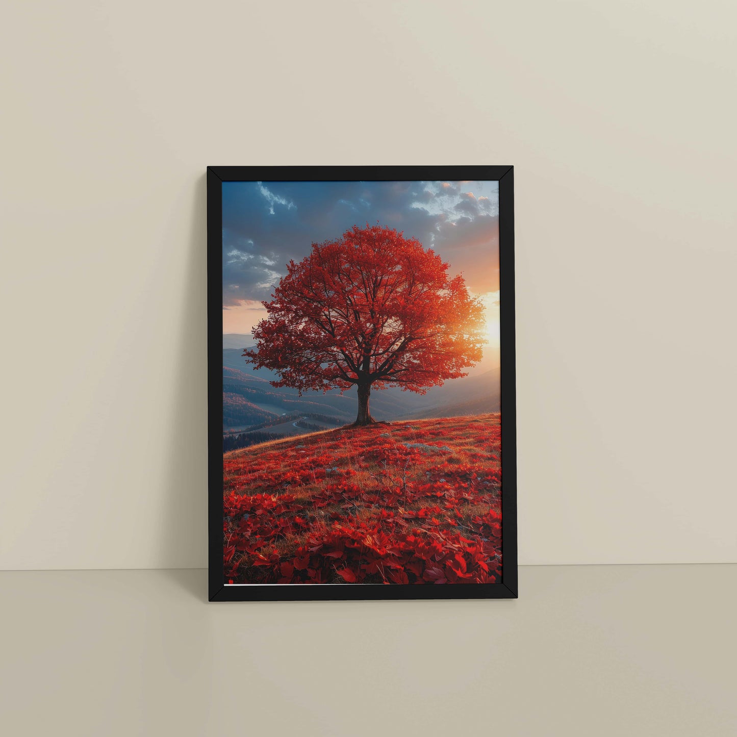 Floor View of Sunrise Serenity – Red Tree Scenic Wall Frame in Black Color Frame
