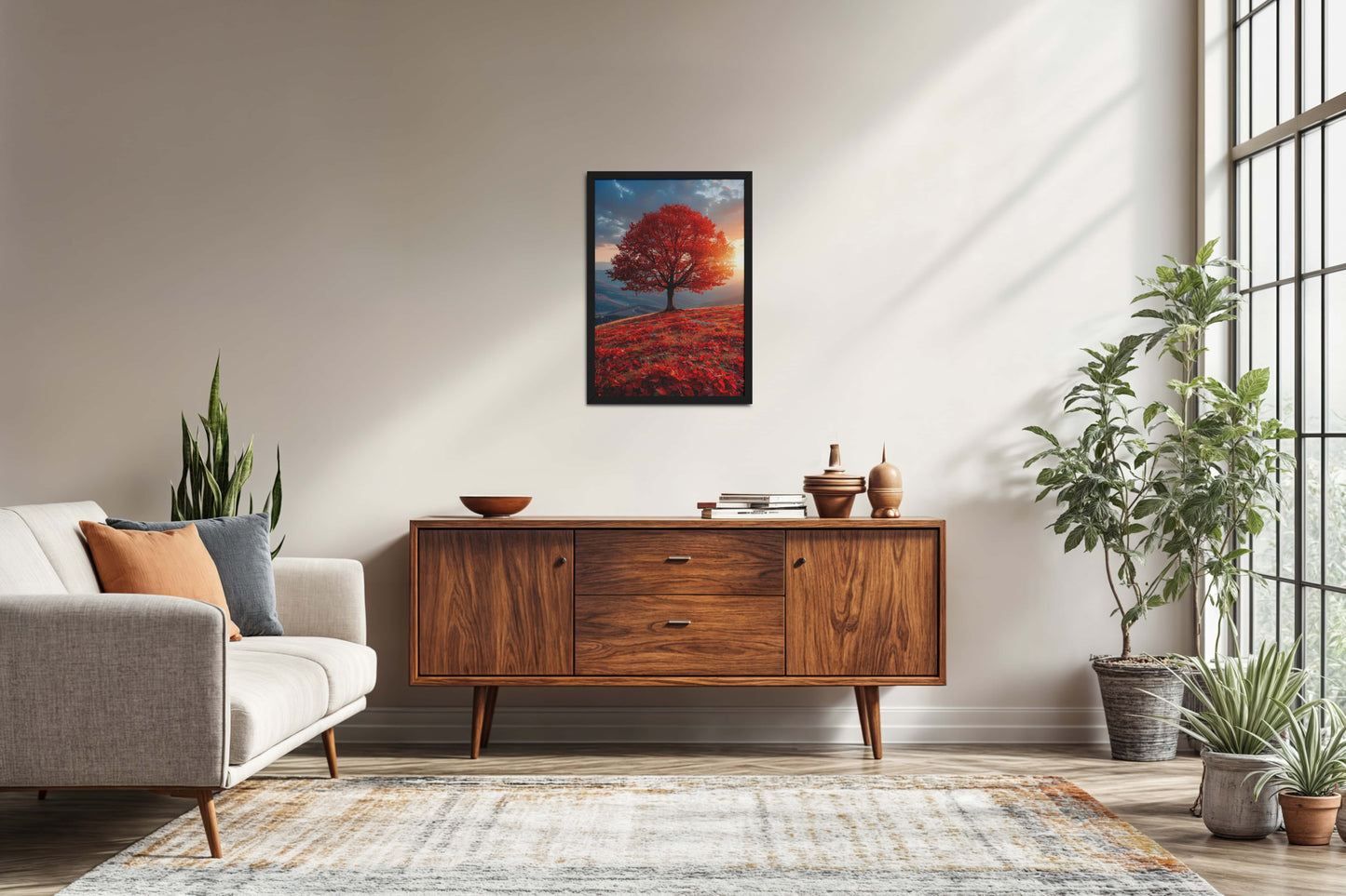 Living Room Sofa Preview of Sunrise Serenity – Red Tree Scenic Wall Frame in Black Color Frame