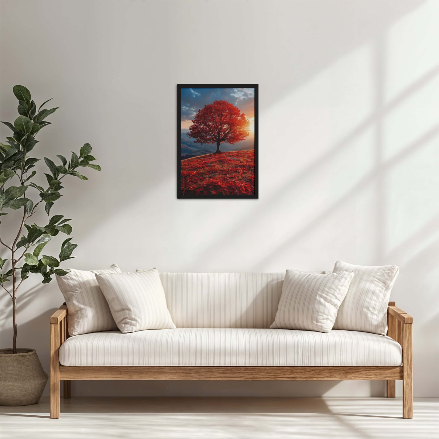 Living Room Cabinet Table Preview of Sunrise Serenity – Red Tree Scenic Wall Frame in Black Color Frame