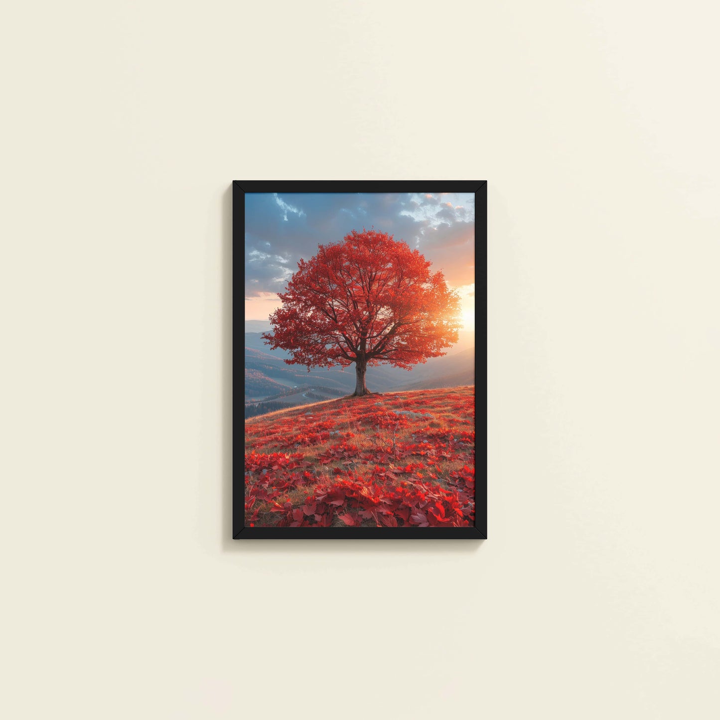 Wall View of Sunrise Serenity – Red Tree Scenic Wall Frame in Black Color Frame