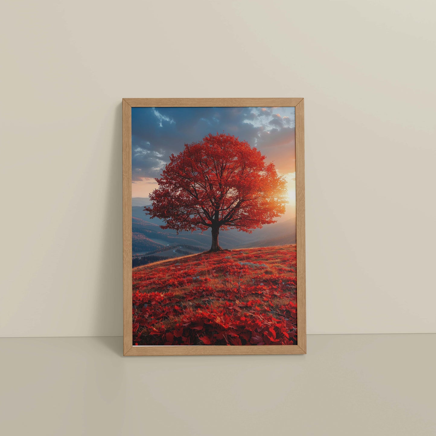 Floor View of Sunrise Serenity – Red Tree Scenic Wall Frame in Natrual Color Frame