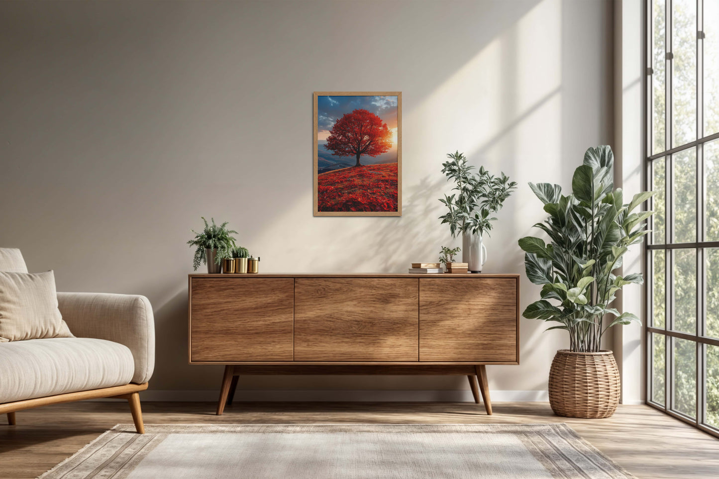 Living Room Cabinet Preview of Sunrise Serenity – Red Tree Scenic Wall Frame in Natrual Color Frame