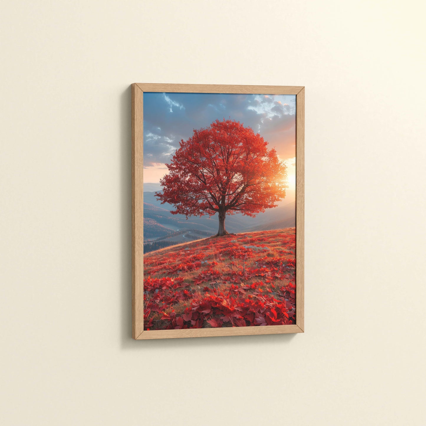 Side View of Sunrise Serenity – Red Tree Scenic Wall Frame in Natrual Color Frame