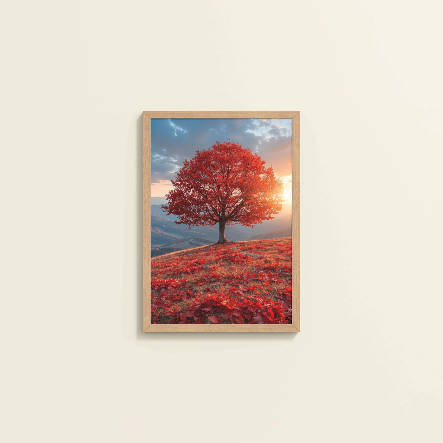 Wall View of Sunrise Serenity – Red Tree Scenic Wall Frame in Natrual Color Frame