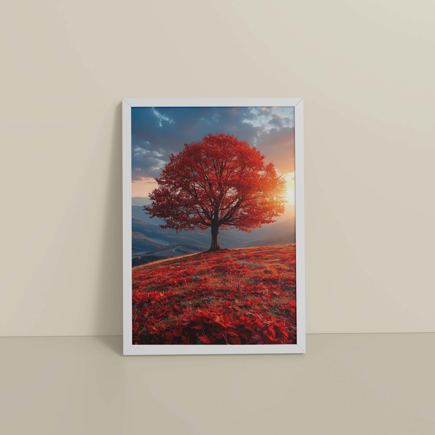 Floor View of Sunrise Serenity – Red Tree Scenic Wall Frame in White Color Frame