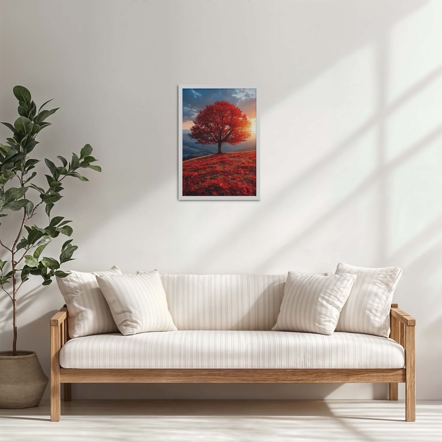 Living Room Cabinet Table Preview of Sunrise Serenity – Red Tree Scenic Wall Frame in White Color Frame