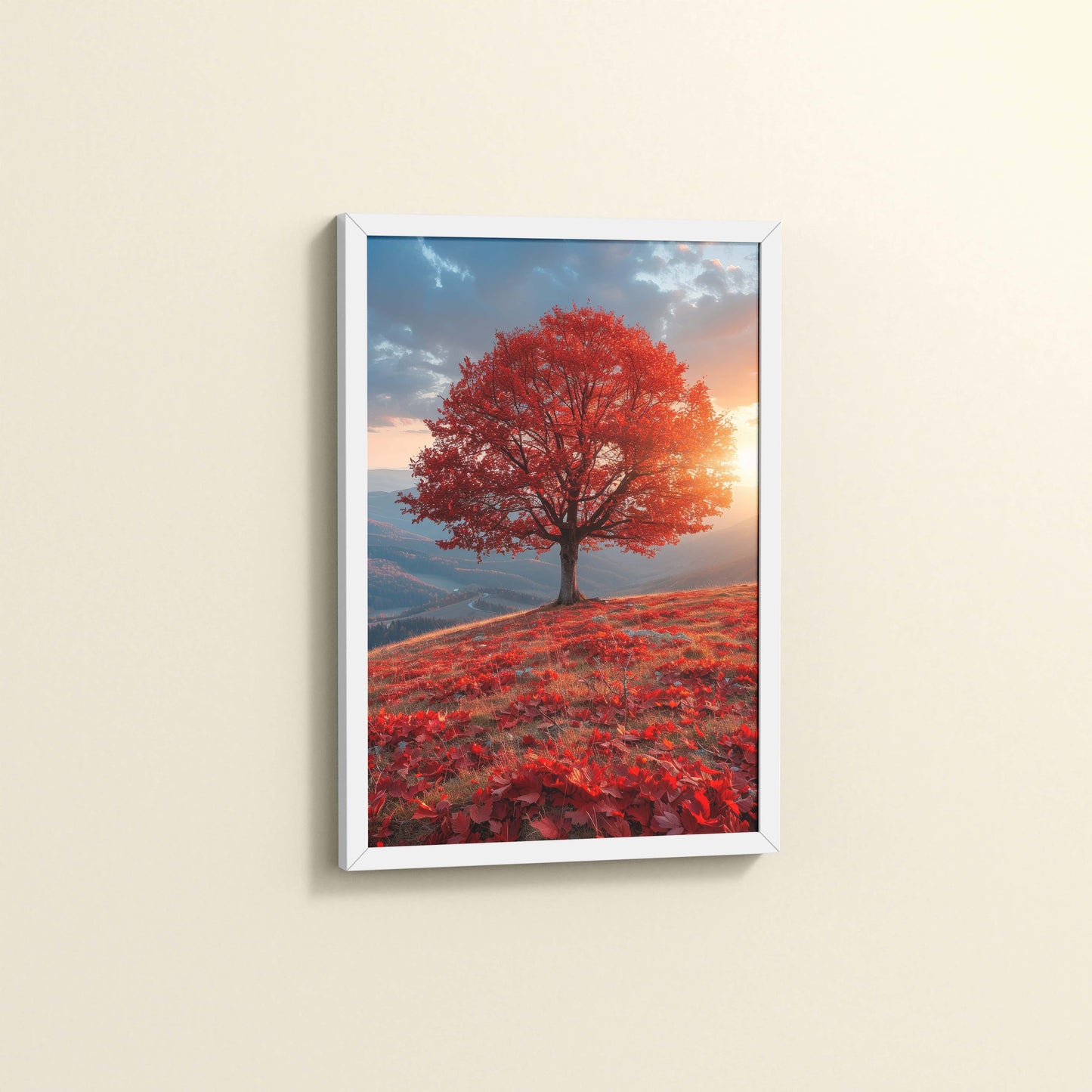 Side View of Sunrise Serenity – Red Tree Scenic Wall Frame in White Color Frame