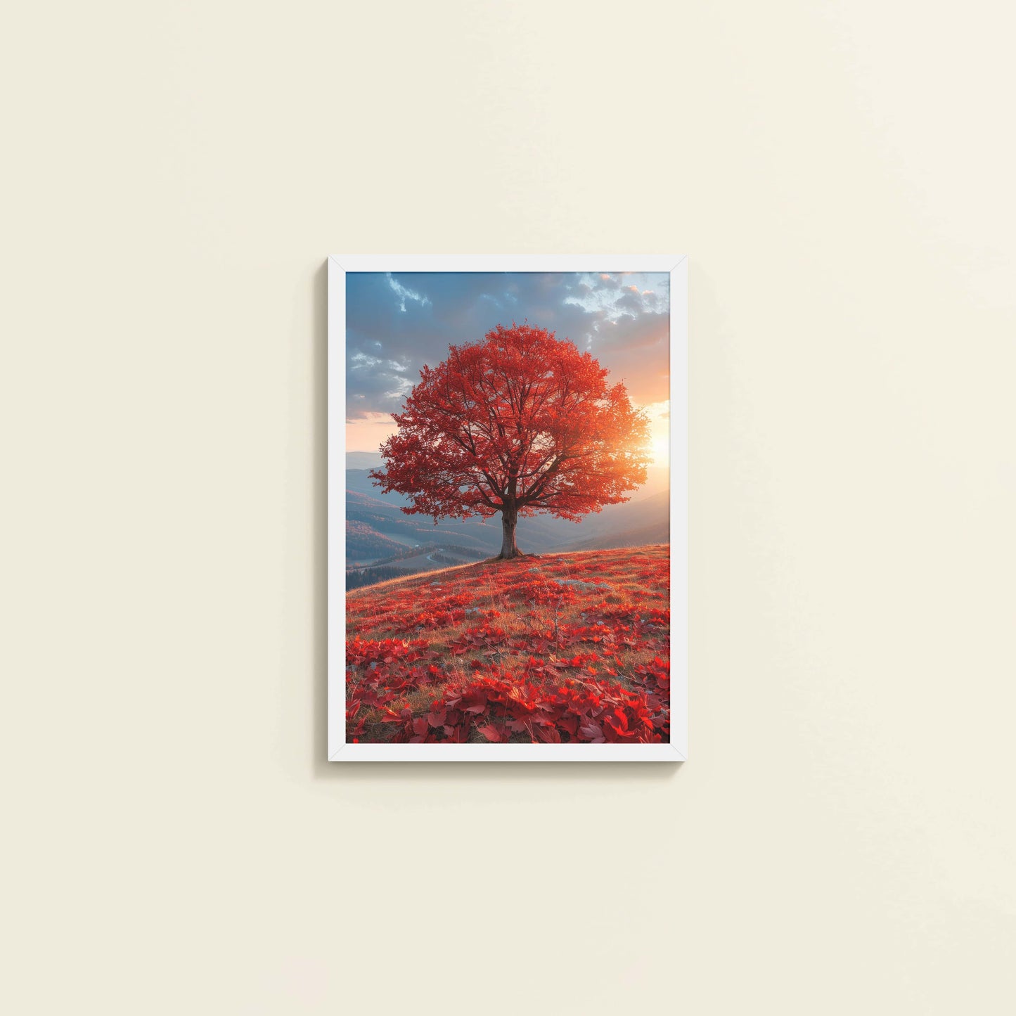 Wall View of Sunrise Serenity – Red Tree Scenic Wall Frame in White Color Frame