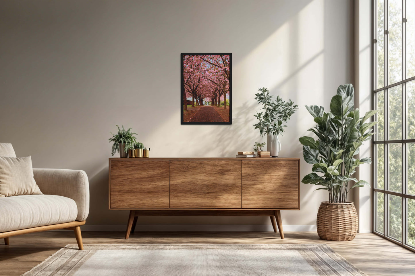 Living Room Cabinet Preview of Blossom on Path – Pink Flower Trees in Wall Art Frame in Black Color Frame
