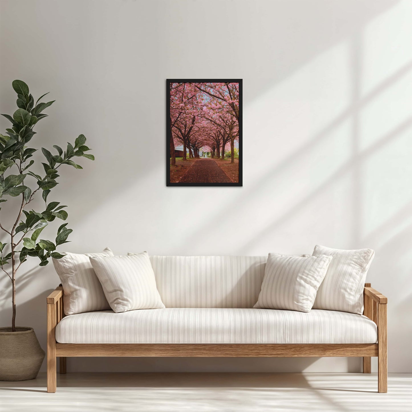 Living Room Cabinet Table Preview of Blossom on Path – Pink Flower Trees in Wall Art Frame in Black Color Frame