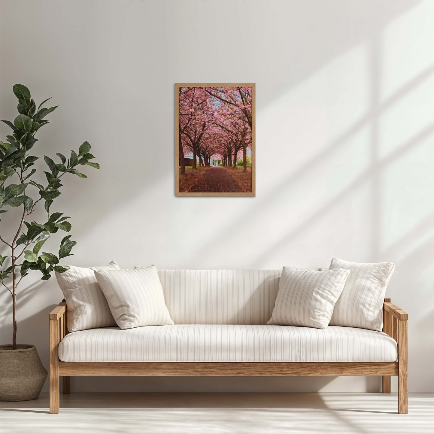 Living Room Cabinet Table Preview of Blossom on Path – Pink Flower Trees in Wall Art Frame in Natrual Color Frame
