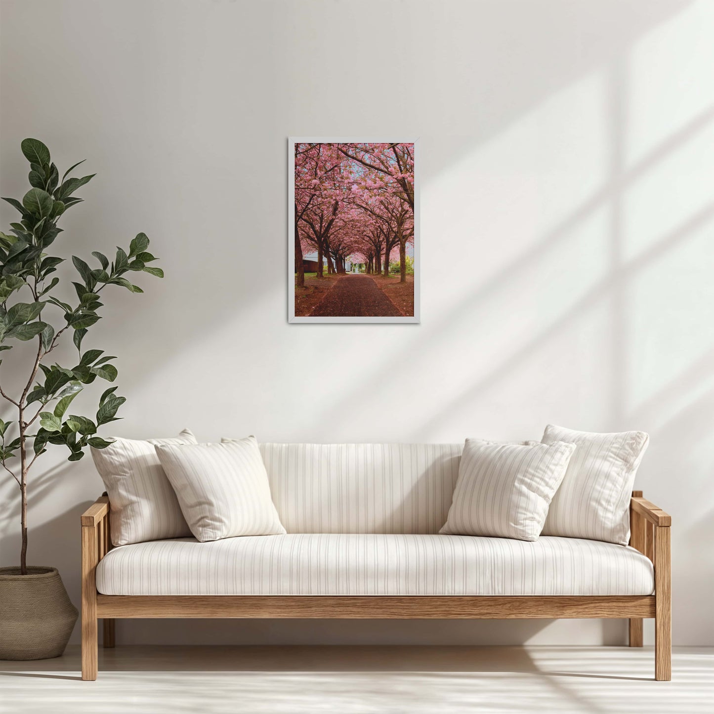 Living Room Cabinet Table Preview of Blossom on Path – Pink Flower Trees in Wall Art Frame in White Color Frame