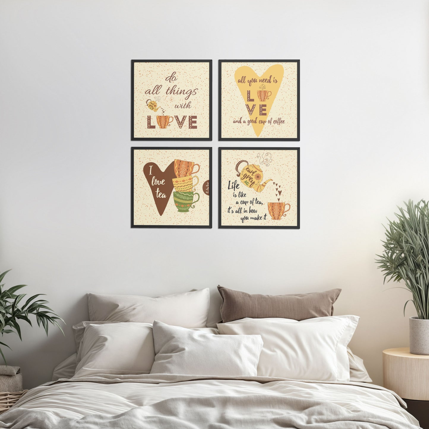 Bed Room Preview of Tea Time Love Quotes Set of 4 Wall Art Frames in Black Color Frame