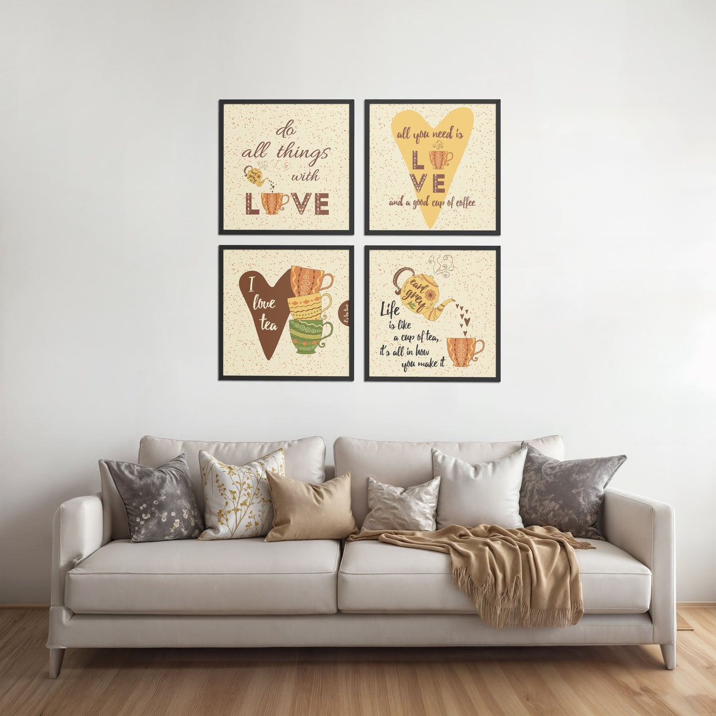 Living Room Sofa Preview of Tea Time Love Quotes Set of 4 Wall Art Frames in Black Color Frame
