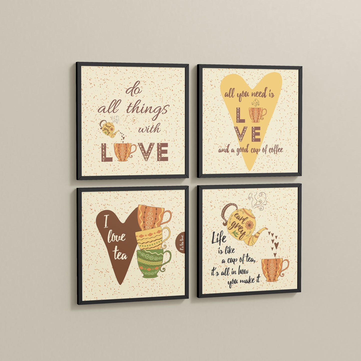 Side View of Tea Time Love Quotes Set of 4 Wall Art Frames in Black Color Frame