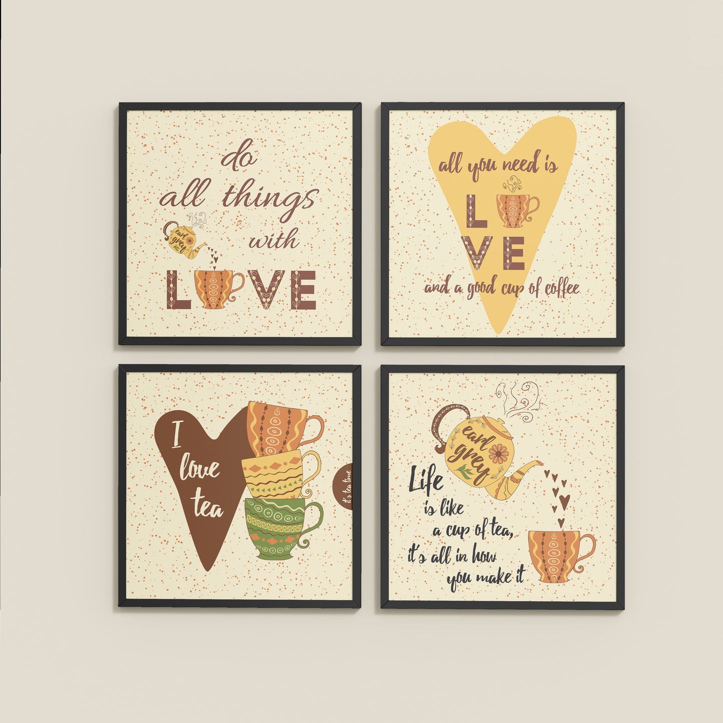 Wall View of Tea Time Love Quotes Set of 4 Wall Art Frames in Black Color Frame