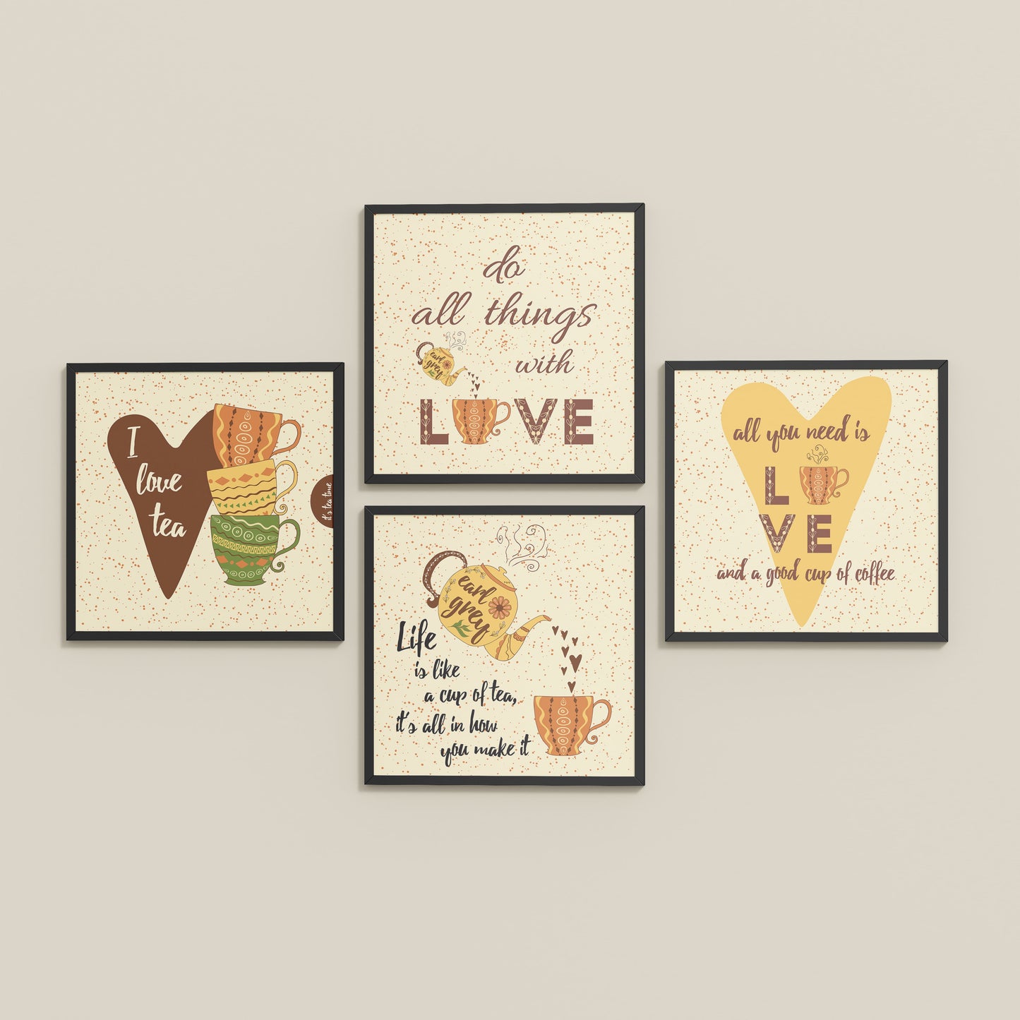 Inclined Floor View of Tea Time Love Quotes Set of 4 Wall Art Frames in Black Color Frame