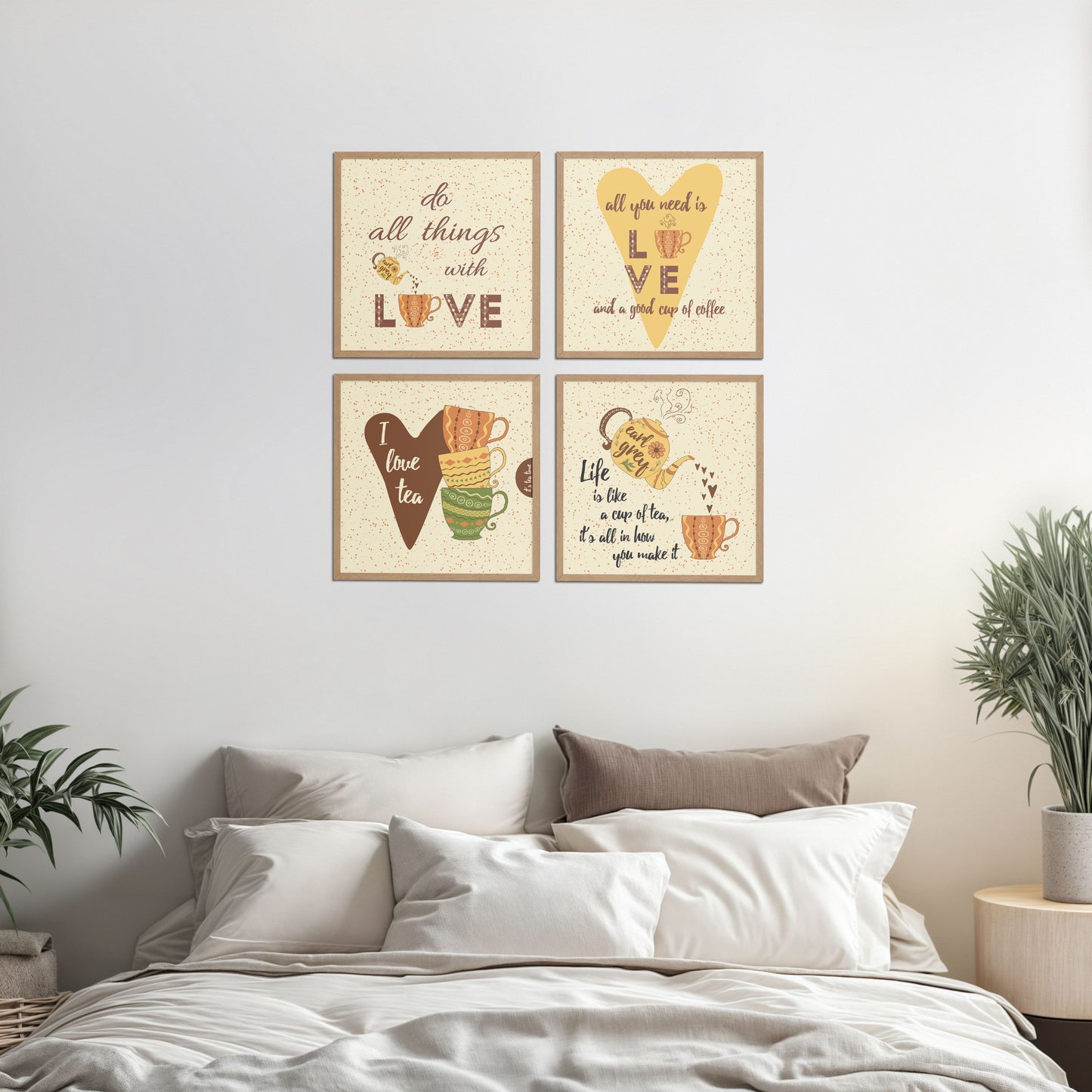 Bed Room Preview of Tea Time Love Quotes Set of 4 Wall Art Frames in Natrual Color Frame