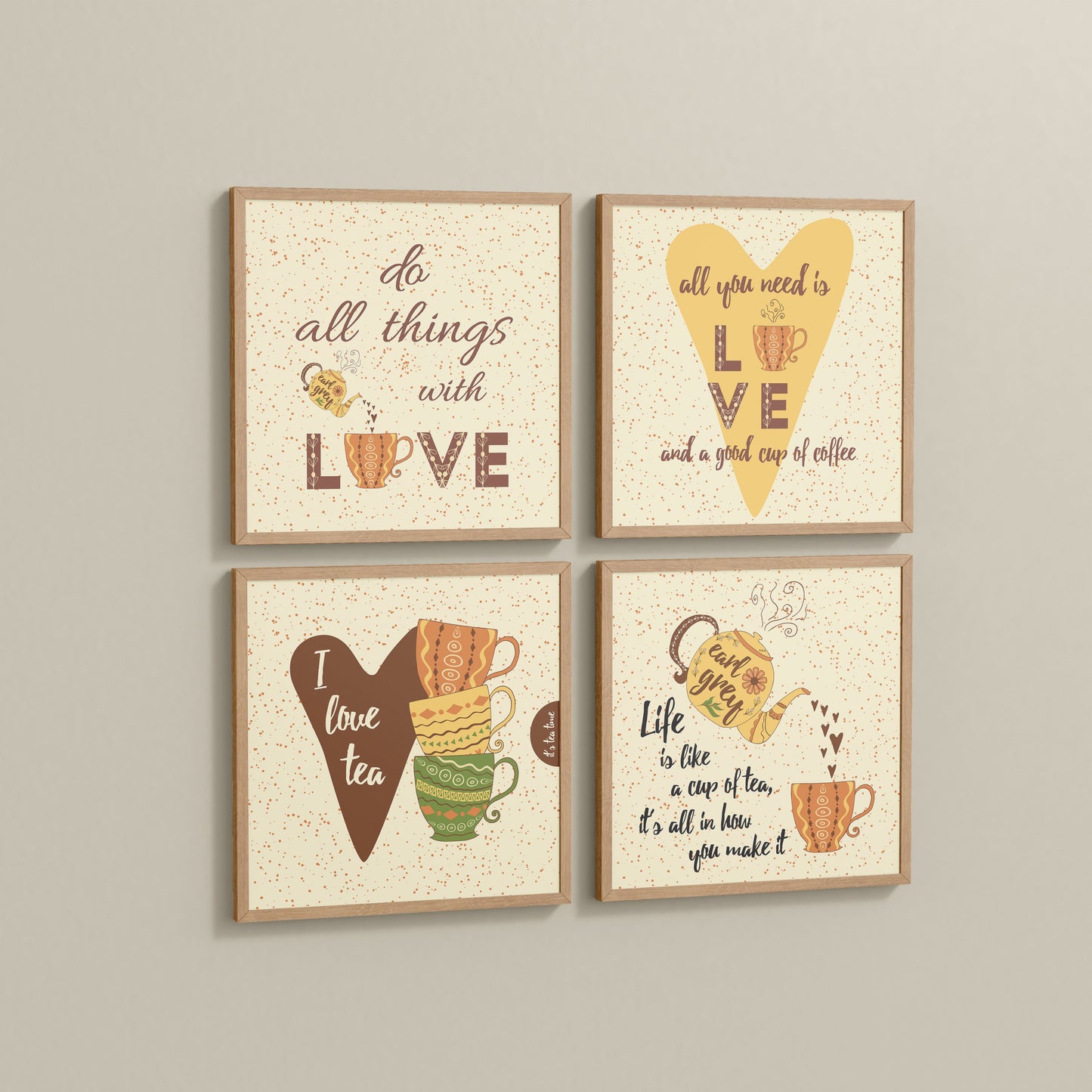Side View of Tea Time Love Quotes Set of 4 Wall Art Frames in Natrual Color Frame