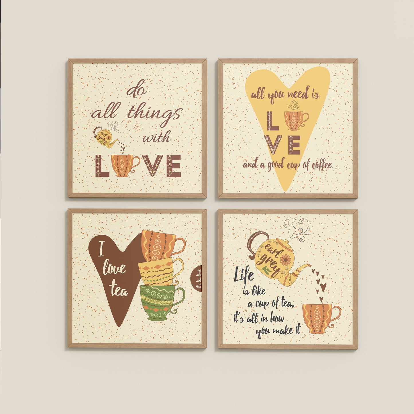 Wall View of Tea Time Love Quotes Set of 4 Wall Art Frames in Natrual Color Frame