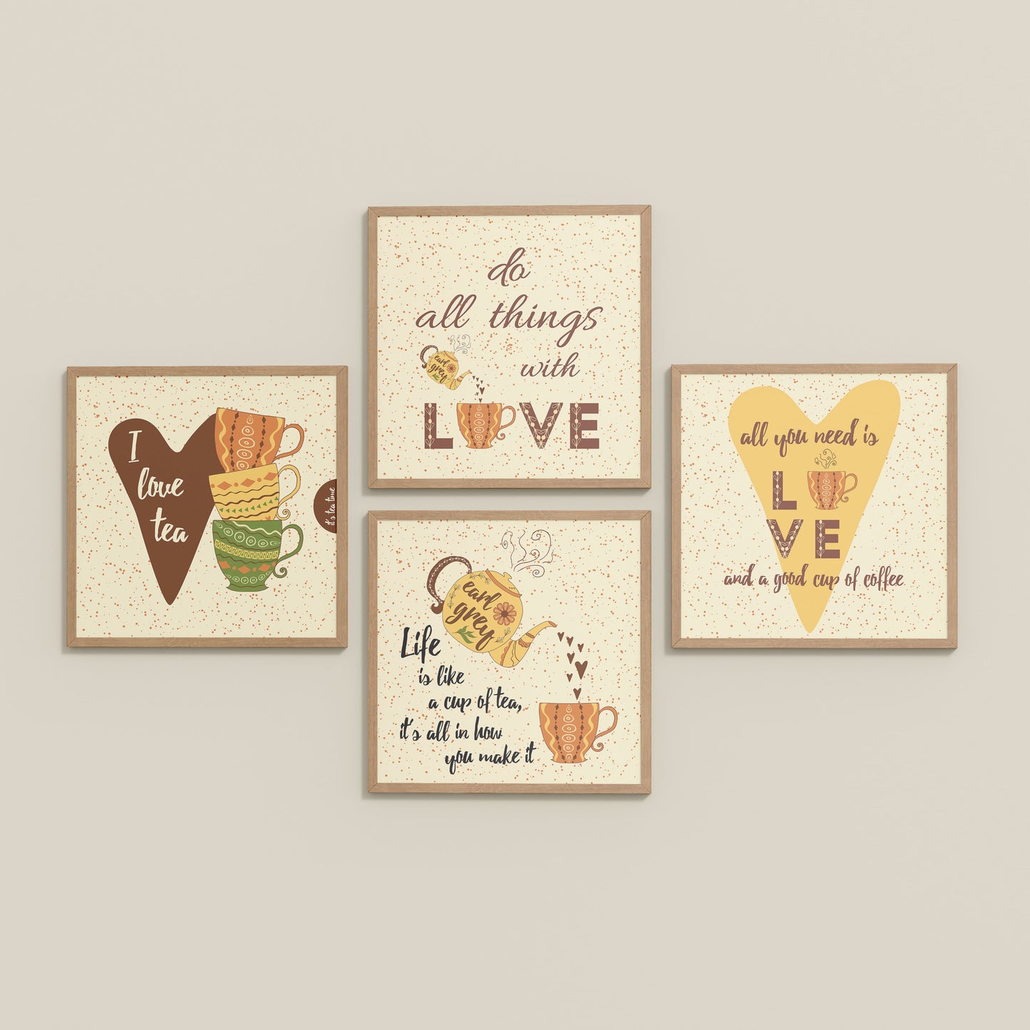 Inclined Floor View of Tea Time Love Quotes Set of 4 Wall Art Frames in Natrual Color Frame