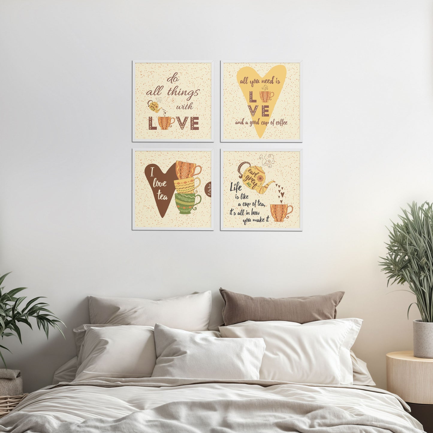 Bed Room Preview of Tea Time Love Quotes Set of 4 Wall Art Frames in White Color Frame