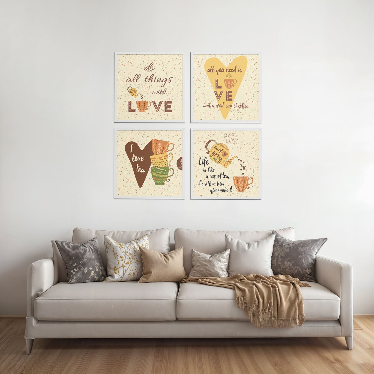 Living Room Sofa Preview of Tea Time Love Quotes Set of 4 Wall Art Frames in White Color Frame
