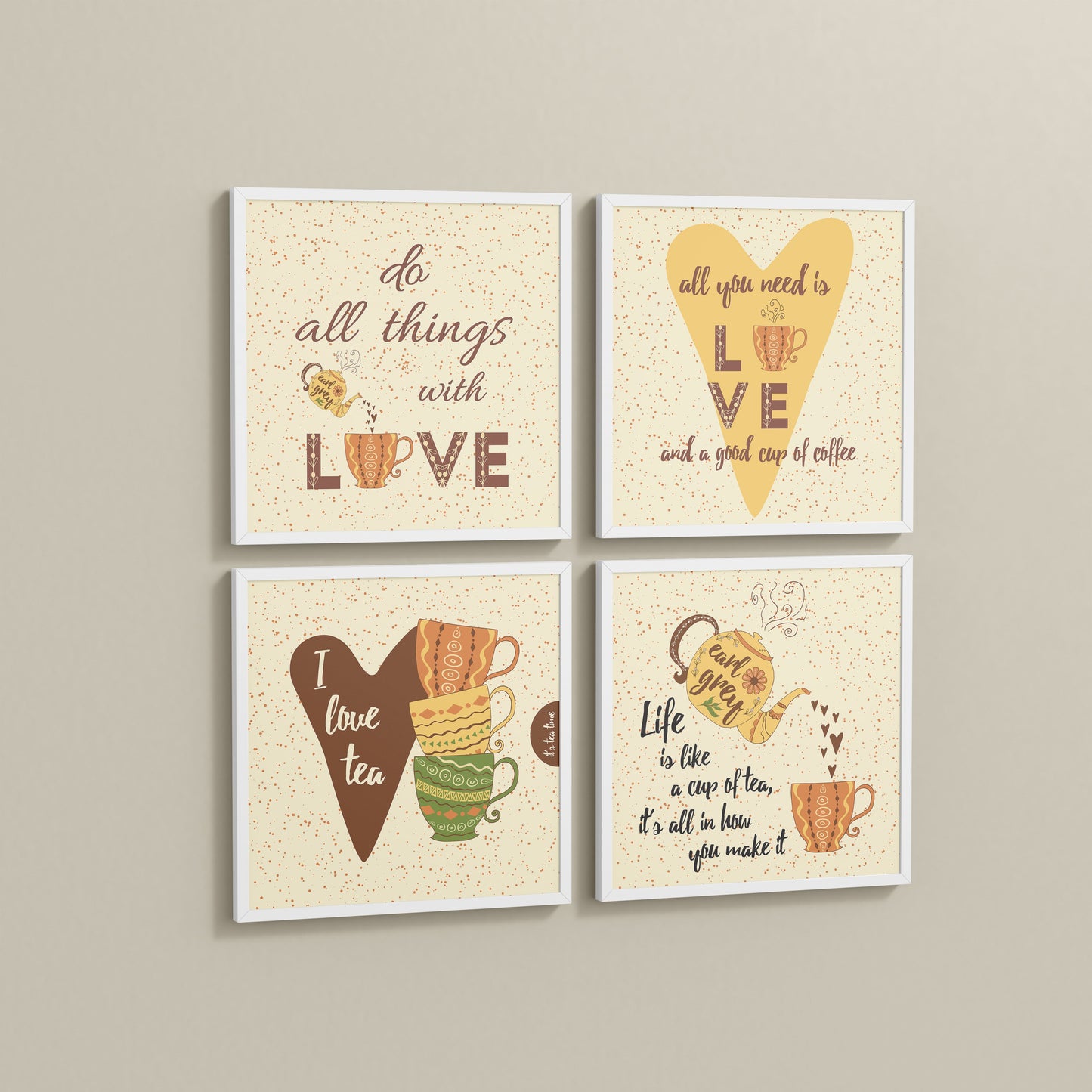Side View of Tea Time Love Quotes Set of 4 Wall Art Frames in White Color Frame